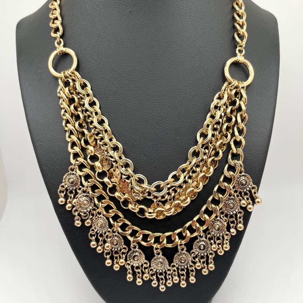 Medallion Chandelier Fringe Gold Tone Chain Bib Choker Necklace 14" Boho Style